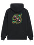 DROLE DE MONSIEUR E-HO170-CO127-BL LE HOODIE RAISIN BLK by DROLE DE MONSIEUR is a black French terry hoodie adorned with an intricate design on the back, featuring colorful, intertwined patterns that resemble snakes and floral elements.