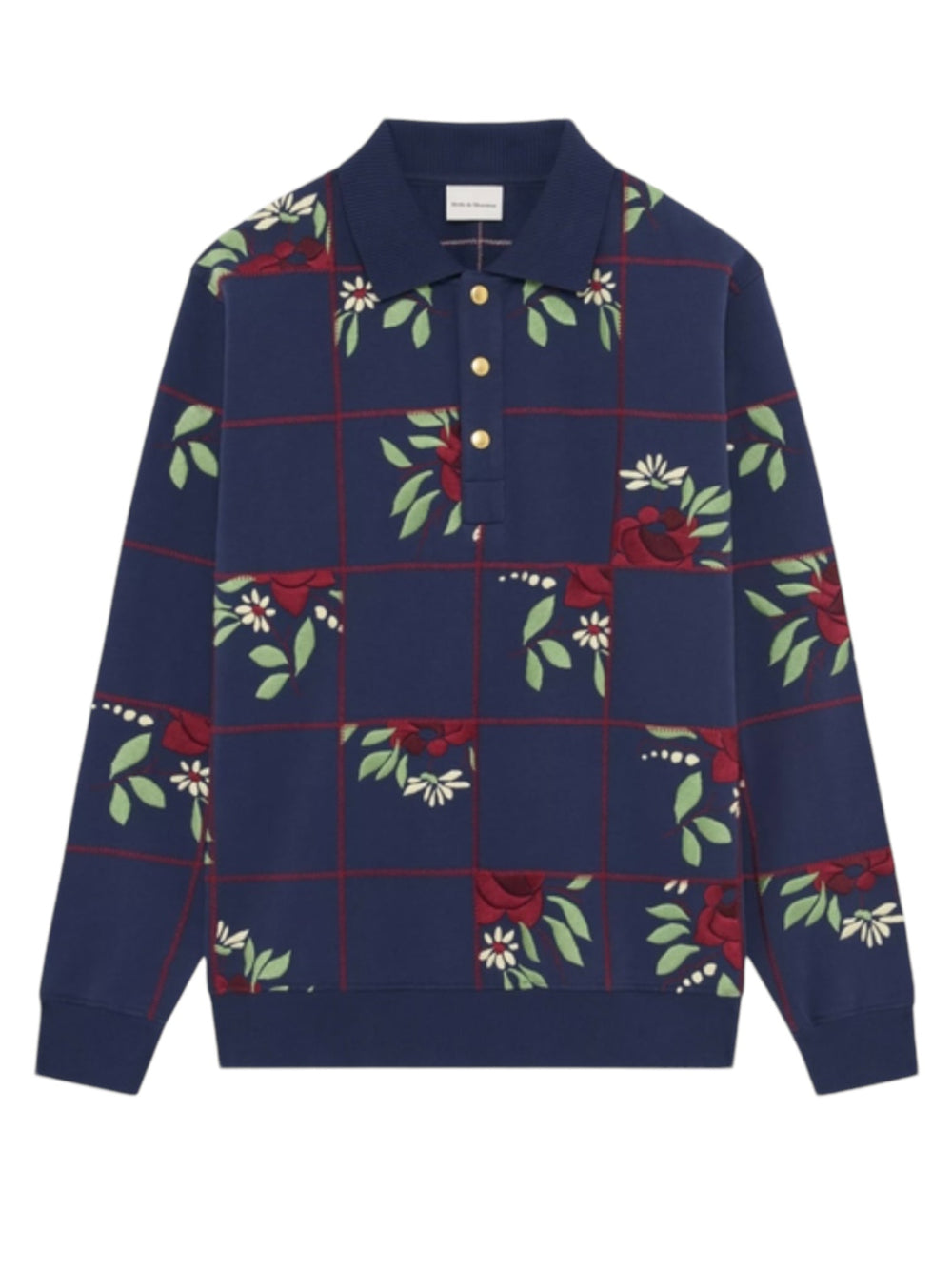 The DROLE DE MONSIEUR E-PL135-CO127-NY LE POLO FLEURS NVY, crafted entirely from 100% cotton, is a stylish and comfortable navy blue long-sleeve polo shirt featuring a grid pattern adorned with red flowers and white daisies. The shirt also boasts a collared neck and gold buttons, adding to its sophisticated appearance.