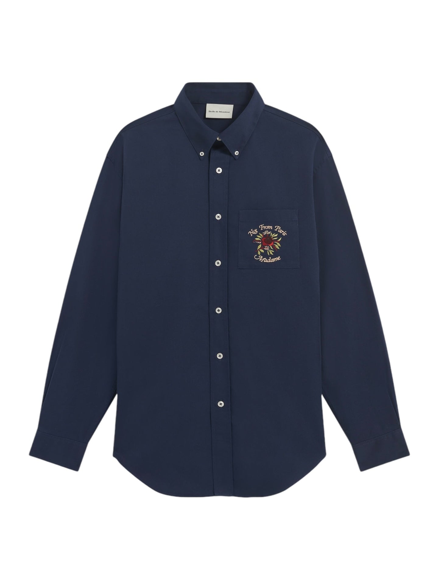 The DROLE DE MONSIEUR E-SH189-PL149-NY LA CHEMISE NAVY is a long-sleeved shirt that comes in a navy hue, boasts a chest patch pocket with white buttons, and features an embroidery on the left pocket saying, "Yes From Texas, Cactus.