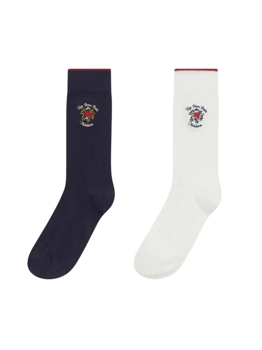 Two pairs of DROLE DE MONSIEUR E-SK119-CO024-MC LA CHAUSSETTE MULTI socks with an embroidered design near the top; one sock is black and the other is white, adding a touch of multi-colour flair.