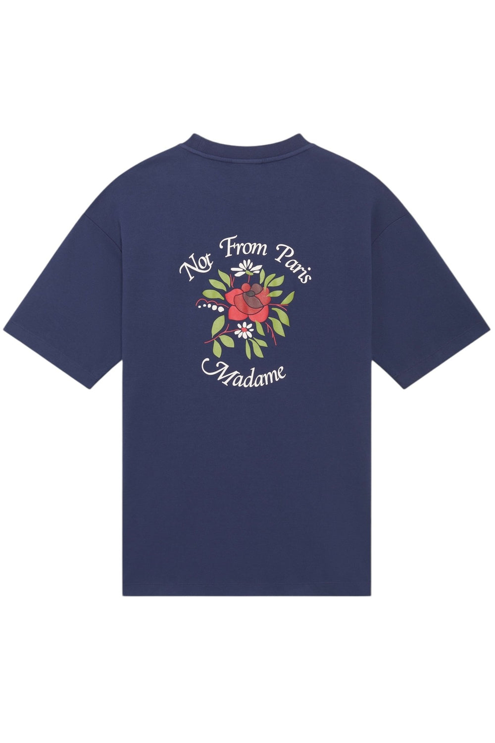 The DROLE DE MONSIEUR E-TS210-CO002-NY LE T-SHIRT SLOGAN NAVY is a navy blue T-shirt made from 100% cotton, featuring the text "Not From Paris Madame" and a slogan fleurs print on the back.