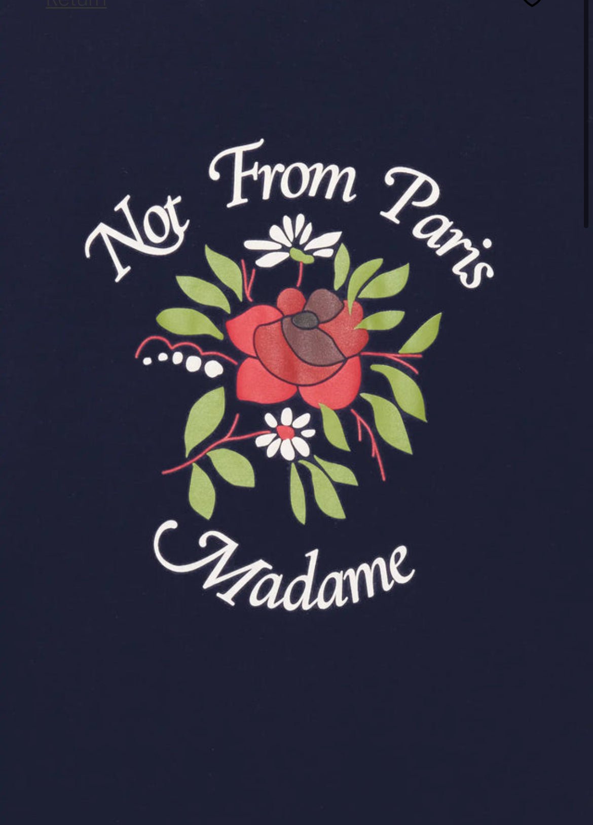 A floral design with the text "Not From Paris Madame" in a circular arrangement on a dark background, printed on 100% cotton interlock fabric, featured on the DROLE DE MONSIEUR E-TS210-CO002-NY LE T-SHIRT SLOGAN NAVY.