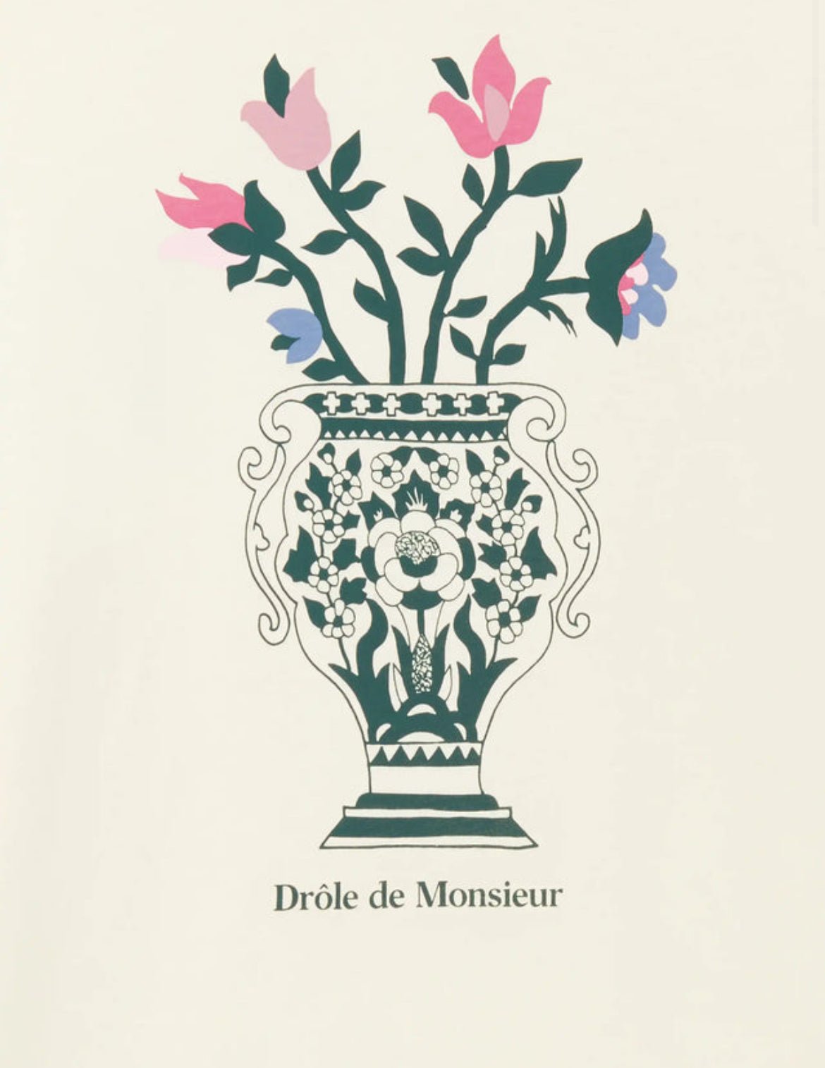 Illustration of a decorative vase with floral patterns and pink and blue flowers on a cream cotton jersey t-shirt. Text below reads "Drôle de Monsieur." Made in Portugal.
Product Name: DROLE DE MONSIEUR E-TS211-CO165-CM LE T-SHIRT VASE CREAM by DROLE DE MONSIEUR.