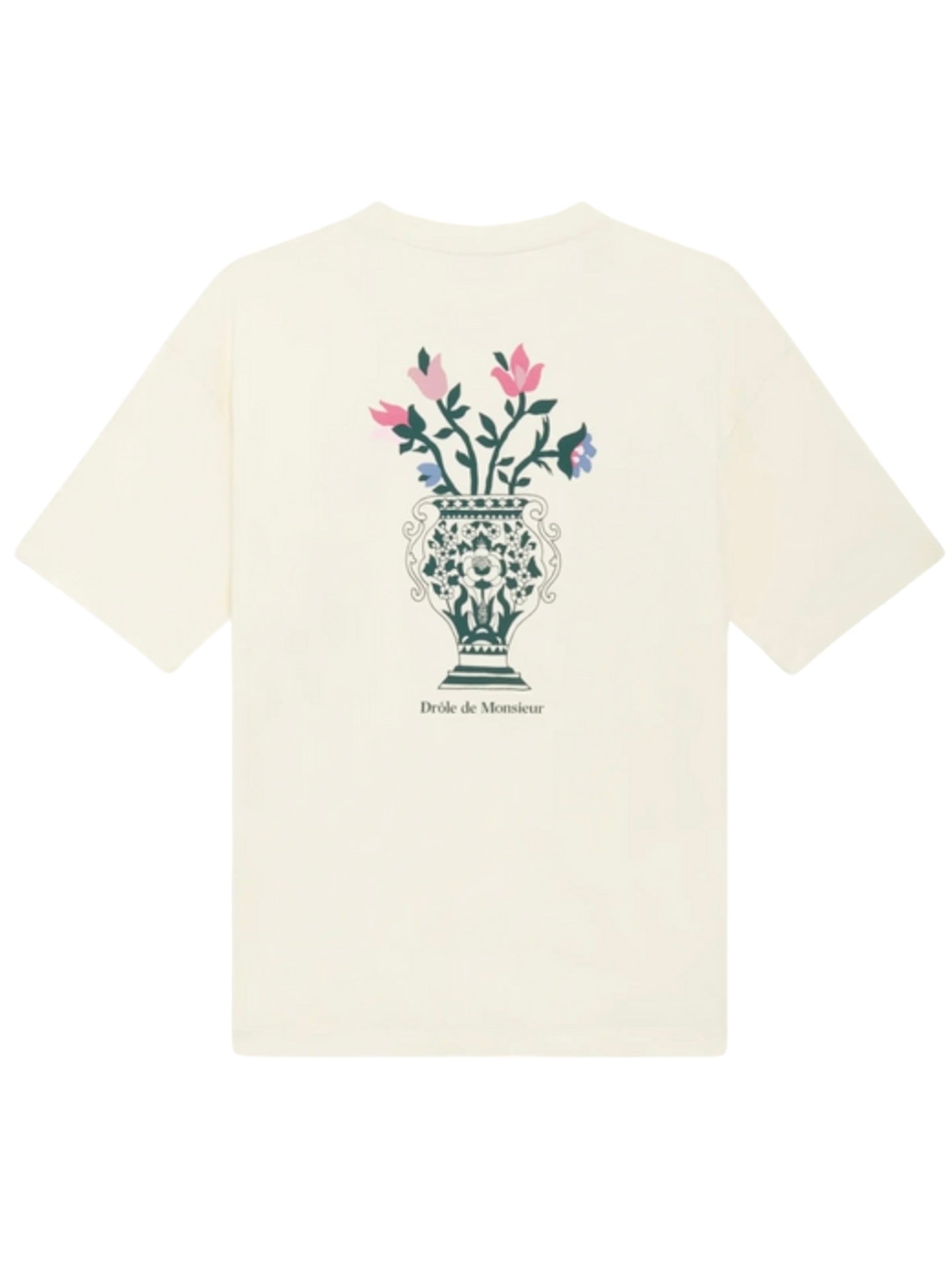 The DROLE DE MONSIEUR E-TS211-CO165-CM LE T-SHIRT VASE CREAM is a cream cotton jersey T-shirt featuring a floral vase print design and the text "Drôle de Monsieur" on the back, made in Portugal.