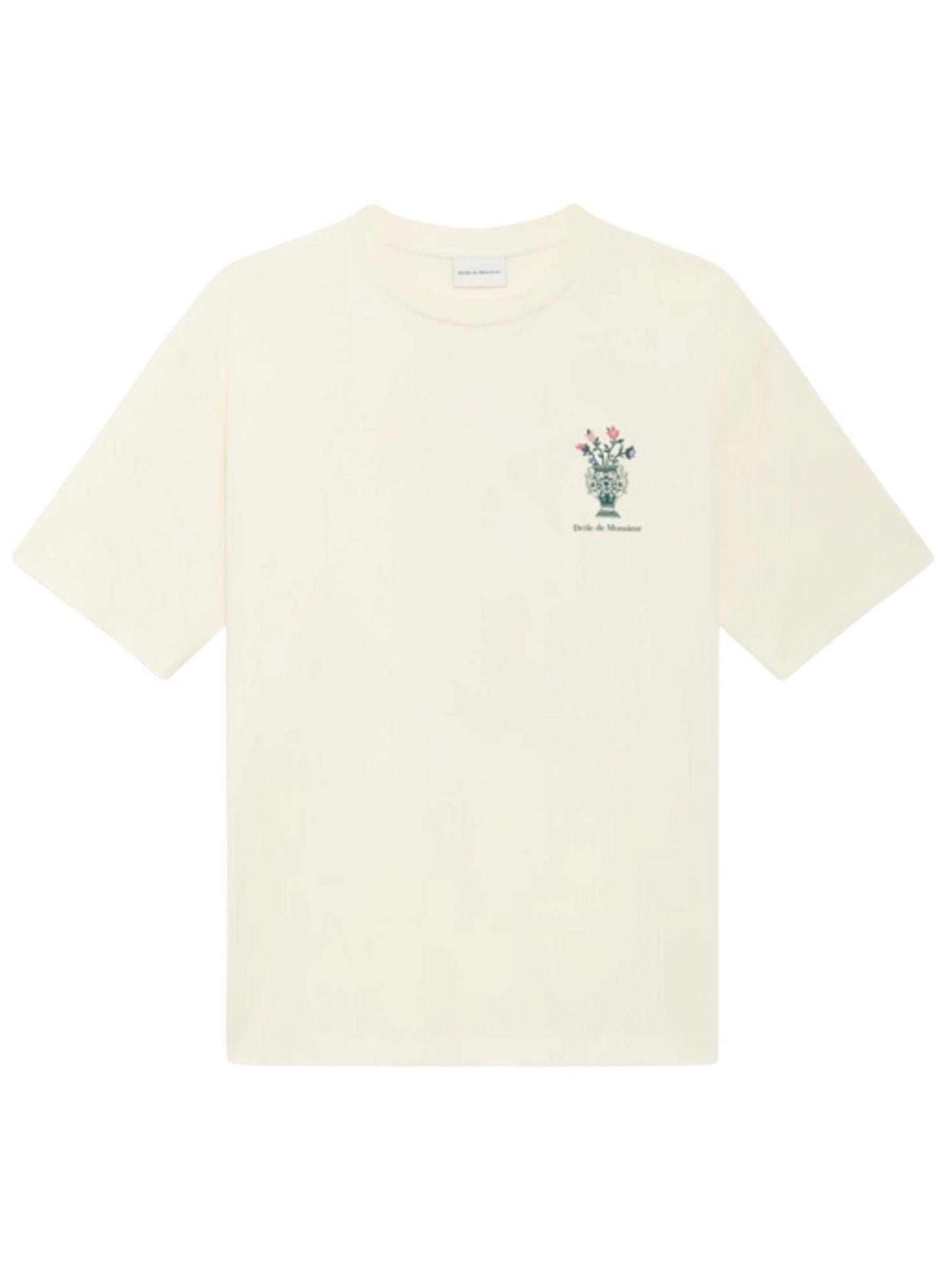 The DROLE DE MONSIEUR E-TS211-CO165-CM LE T-SHIRT VASE CREAM is a plain cotton jersey T-shirt in cream, featuring a small floral embroidery on the left chest area and short sleeves. Made in Portugal.