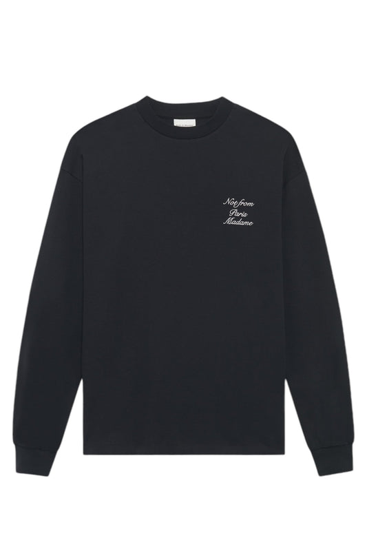 The Drôle de Monsieur E-TS220-Co002-BL Le T-Shirt Black showcases the whimsical phrase "Not from this Madame" in stylish white cursive on its long sleeves.