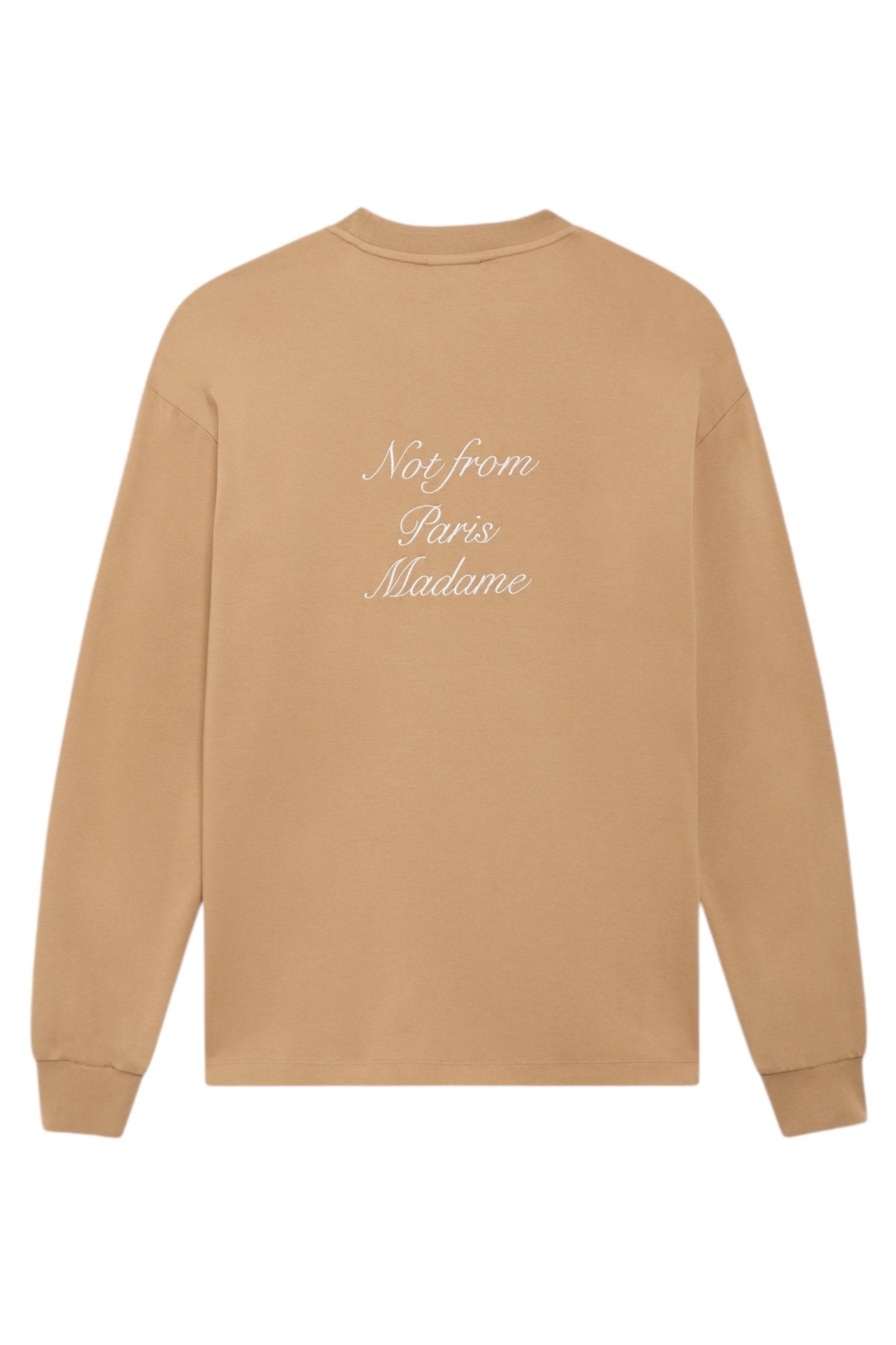 Beige sweatshirt from Drôle de Monsieur emblazoned with the phrase "Not from Paris Madame" in a stylish white calligraphy script on the back.