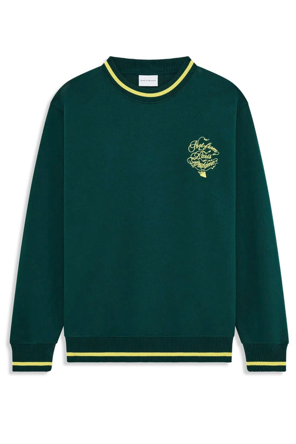 The Drôle de Monsieur F-SW156-CO127-Dgn Le Sweatshirt in dark green features yellow trim, chest embroidery, and a subtle Slogan Vignes print.