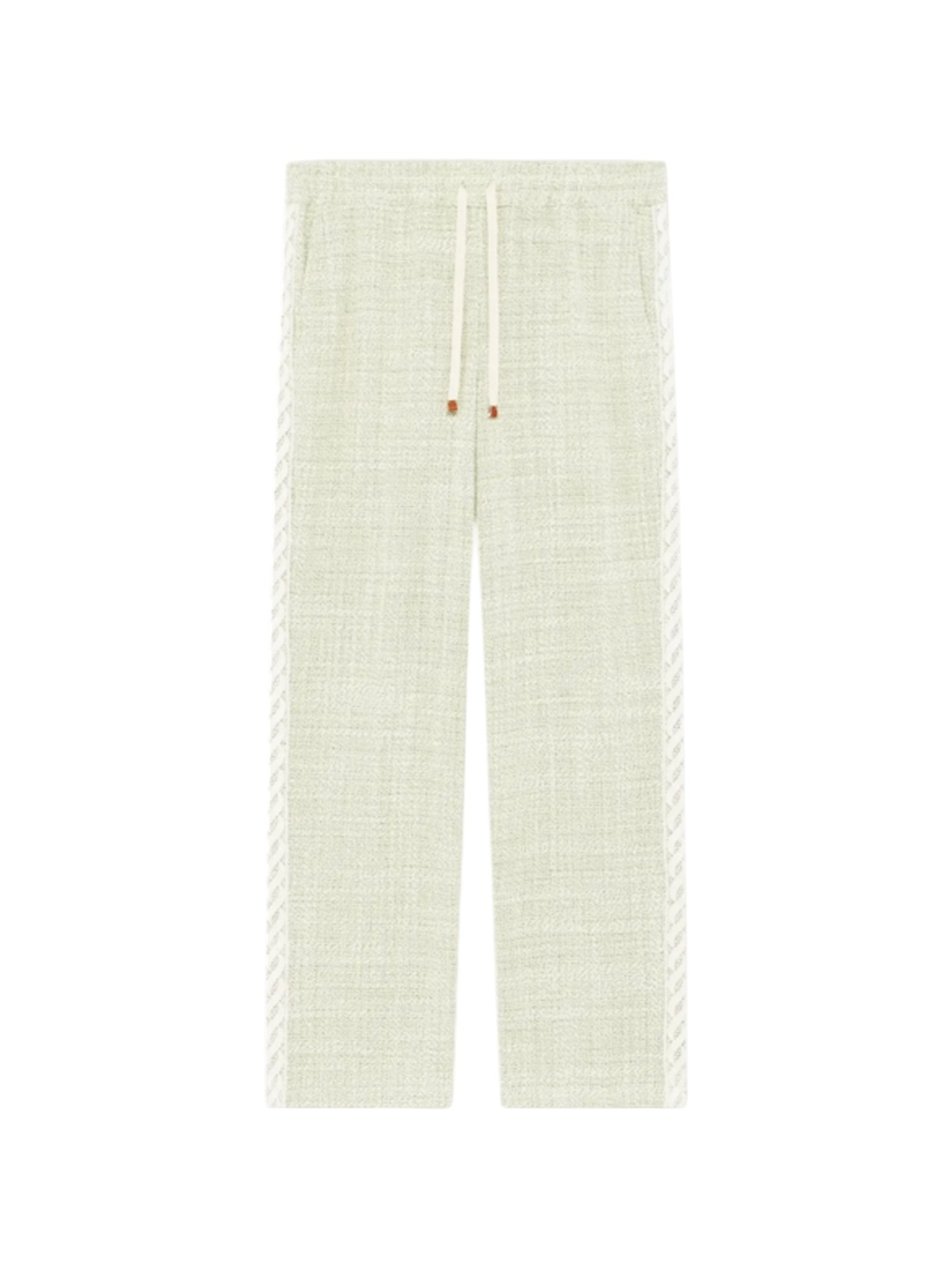 Drôle de Monsieur G-BP183-CO186-LGN Pantalon Tweed Grn: Light green textured tweed pants with elasticated waist, drawstring, and white guipure piping along the sides, shown on a white background.