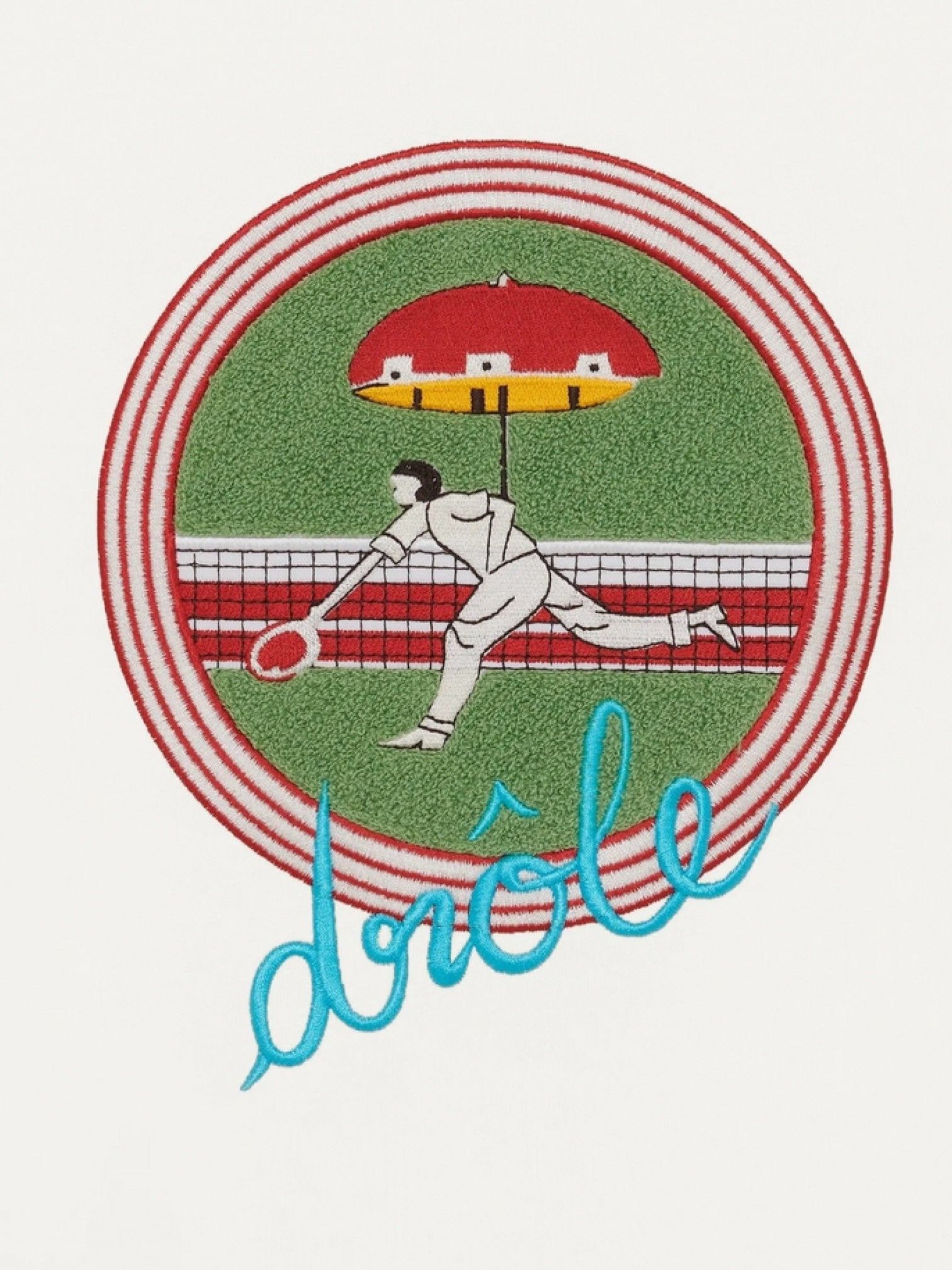 The Drôle de Monsieur G-TS233-CO195-OW T-Shirt Tennis Wht features a playful stylized tennis player illustration with red rings, “drôle” text, and fun embroidery—ideal for adding sporty flair to any cotton jersey look.