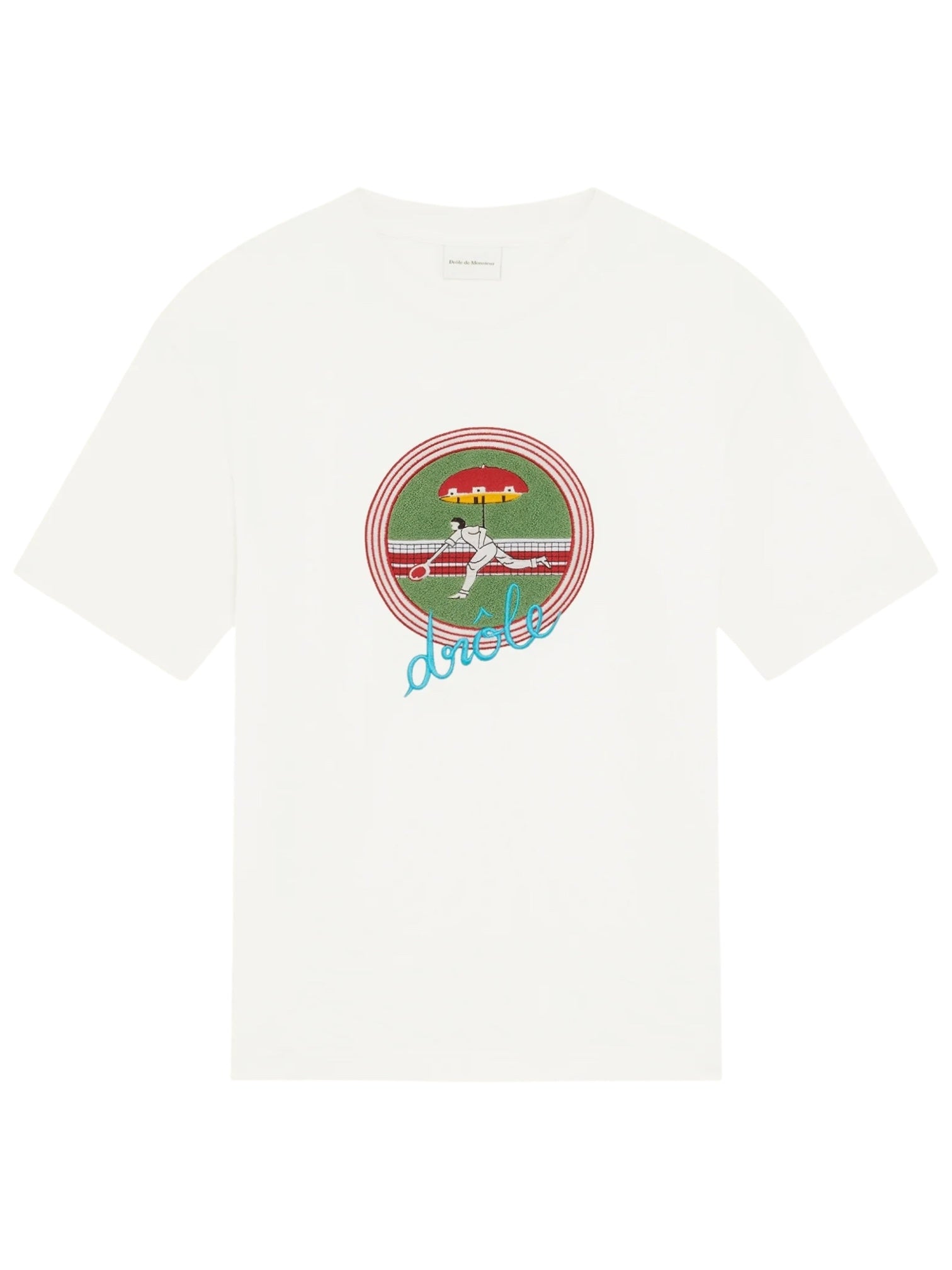 The Drôle de Monsieur G-TS233-CO195-OW T-Shirt Tennis Wht is an off-white cotton jersey tee featuring circular tennis embroidery with two players, a house, trees, and "drôle" in blue below.