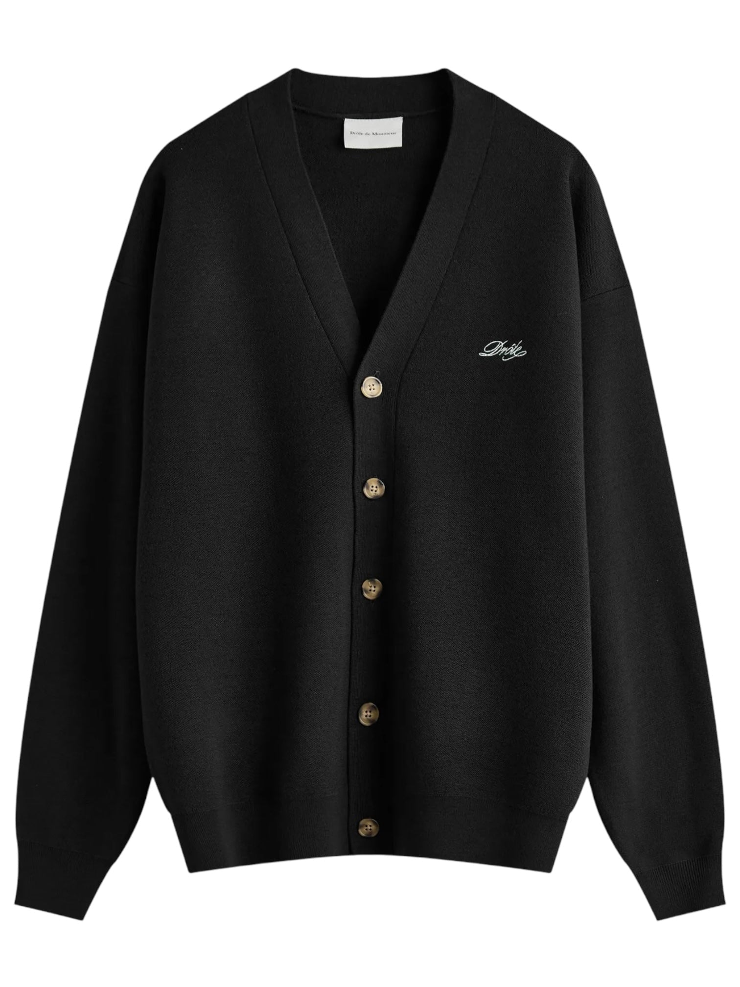 Drôle de Monsieur Perm-CA123-WO007-BL LE Cardigan Blk: A sophisticated wool cardigan with a V-neck, gold buttons, ribbed trim, and Drôle embroidery on the left chest.