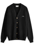 Drôle de Monsieur Perm-CA123-WO007-BL LE Cardigan Blk: A sophisticated wool cardigan with a V-neck, gold buttons, ribbed trim, and Drôle embroidery on the left chest.