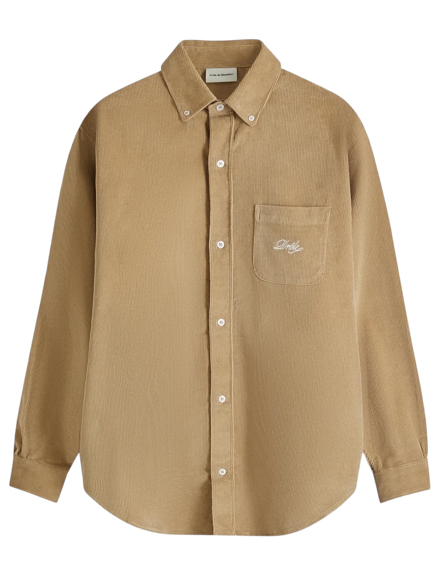 The Drôle de Monsieur Perm-SH172-CO156-BG La Chemise Beige features a tan corduroy long-sleeve design, button-down front, and a single chest pocket with "Only" in Drole embroidery.