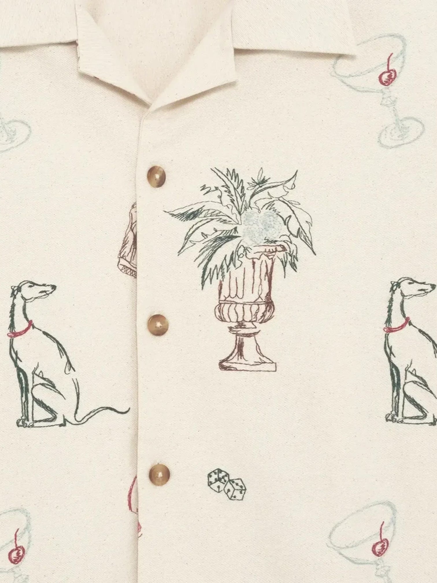 Drôle de Monsieur SH214-CO198-EC La Chemise Brodee Ecru: a cream cotton-blend short-sleeved shirt featuring sketched greyhounds, potted plant, martini glasses with olives, dice, button front, and subtle Country Club embroidery.