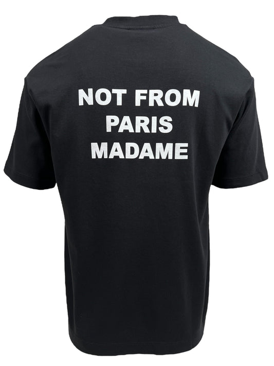 Back view of a 100% cotton black DROLE DE MONSIEUR TS203-CO002-BL LE T-SHIRT SLOGAN BLACK with the slogan "NOT FROM PARIS MADAME" printed in bold white capital letters.