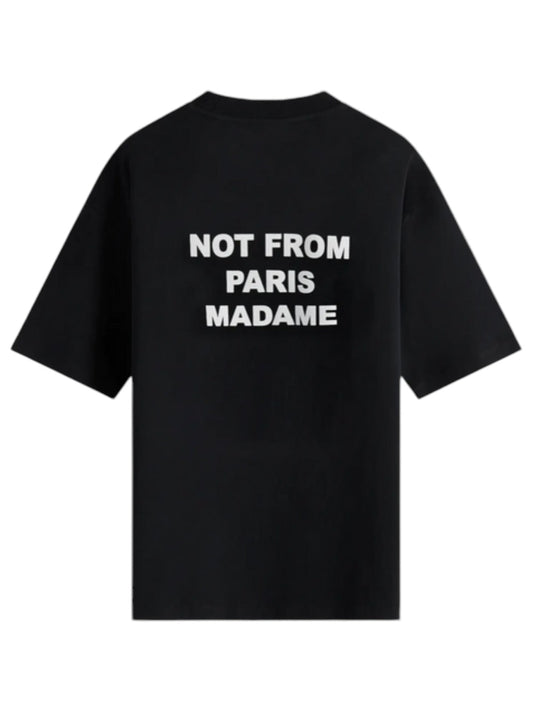 Discover the ultimate slogan tee with Drôle de Monsieur's TS203-Co002-BL Le T-Shirt Slogan Black. This black T-shirt is crafted from 100% cotton and features bold white text on the back that proudly declares, "NOT FROM PARIS MADAME.