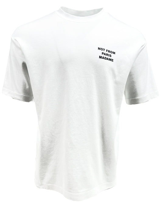 The DROLE DE MONSIEUR TS203-CO002-OPW LE T-SHIRT SLOGAN WHITE is a white, 100% cotton tee with the text "Not From Paris Madame" printed on the left chest.