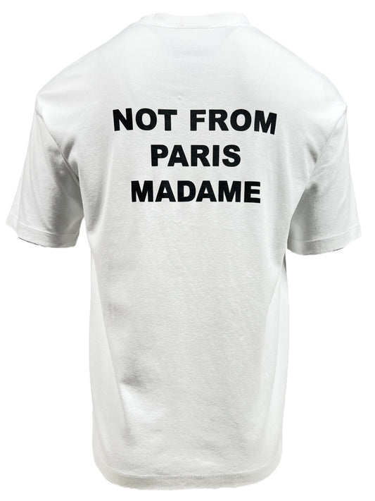 DROLE DE MONSIEUR TS203-CO002-OPW LE T-SHIRT SLOGAN WHITE, a white 100% cotton tee featuring the slogan "NOT FROM PARIS MADAME" in black text on the back.