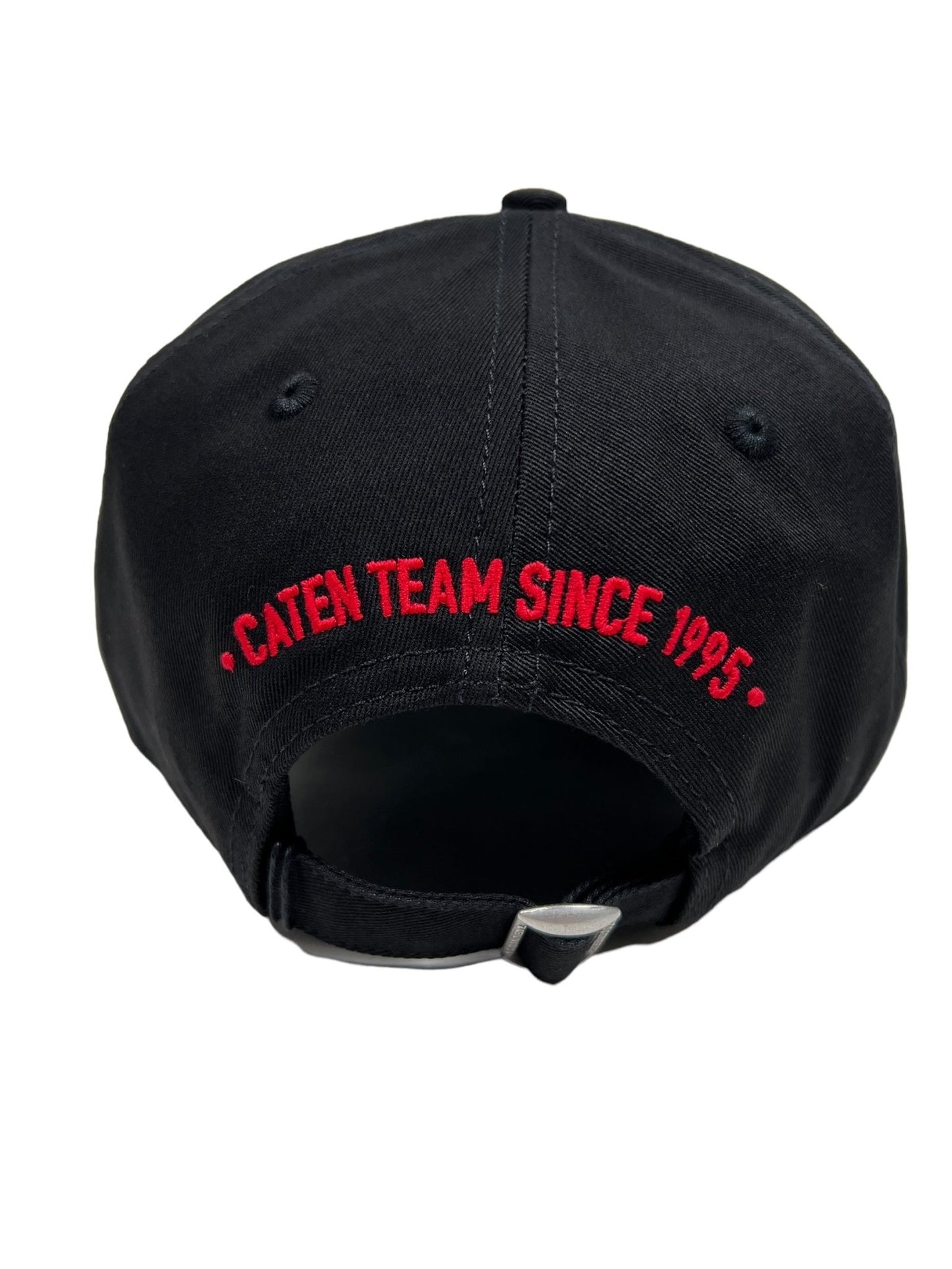 A DSQUARED2 BCM0621 logo baseball cap in black cotton, featuring an adjustable strap and red embroidered text on the back that reads "Caten Team Since 1995.