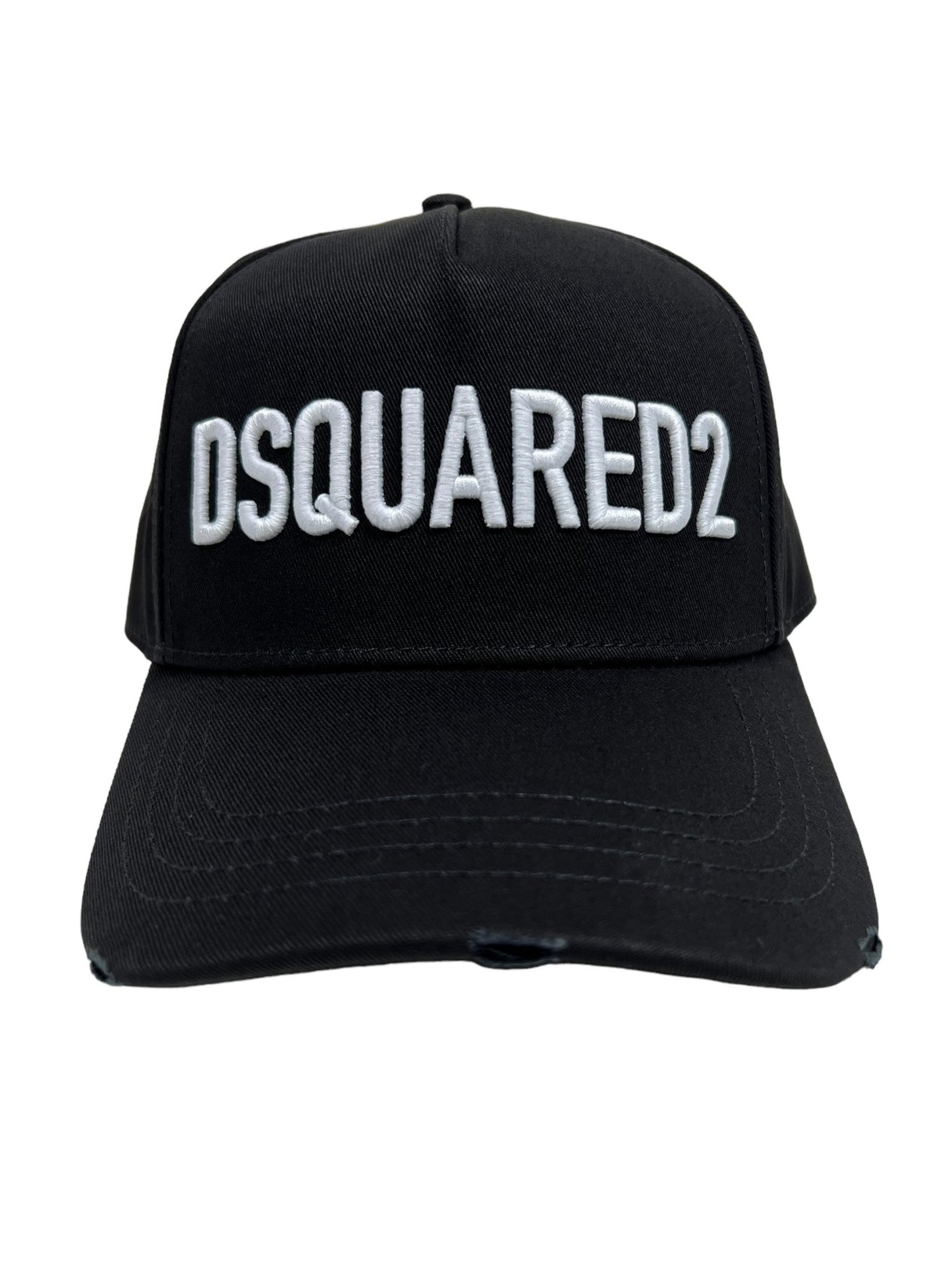 The DSQUARED2 BCM0660 Technicolor Baseball Cap COL.M063 is a black cap with a sporty-chic vibe, featuring the text "DSQUARED2" embroidered in white on the front.