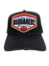 The DSQUARED2 BCM0763 Logo Baseball Cap in black is a stylish accessory featuring a vibrant embroidered patch on the front that reads "Canadian Twins, DSQUARED2, 1964 - 1995" along with a red maple leaf logo. The cap is designed with an adjustable strap to ensure a perfect fit.
