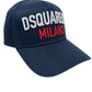 Navy DSQUARED2 BCM0917 cap with adjustable snapback, featuring "DSQUARED2" in white and "MILANO" in red embroidery on the front.