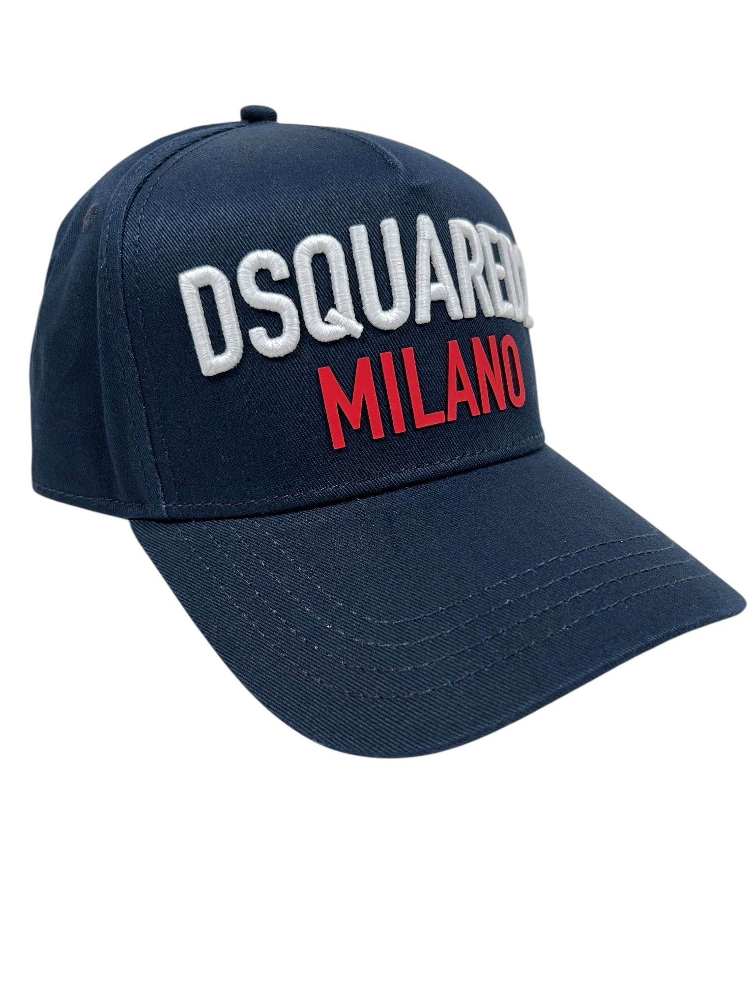 Navy DSQUARED2 BCM0917 cap with adjustable snapback, featuring "DSQUARED2" in white and "MILANO" in red embroidery on the front.