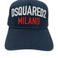 This navy Dsquared2 BCM0917 baseball cap features "DSQUARED2" in white and "MILANO" in red on the front. Its adjustable snapback ensures a perfect fit for any head size.