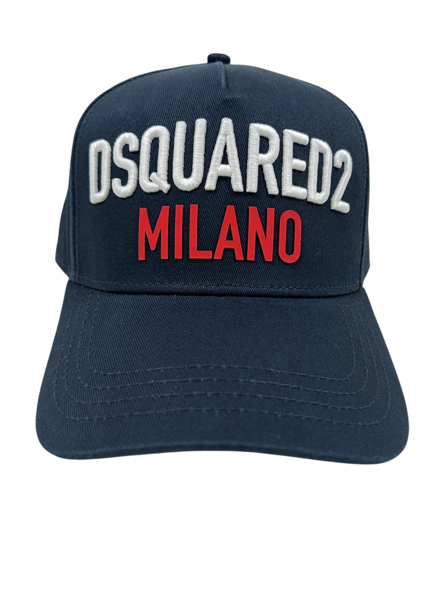 This navy Dsquared2 BCM0917 baseball cap features "DSQUARED2" in white and "MILANO" in red on the front. Its adjustable snapback ensures a perfect fit for any head size.