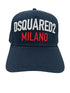 This navy Dsquared2 BCM0917 baseball cap features "DSQUARED2" in white and "MILANO" in red on the front. Its adjustable snapback ensures a perfect fit for any head size.