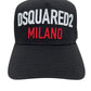The Dsquared2 BCM0917 Baseball Cap Gabardine-Nero, by brand DSQUARED2, is made from premium cotton and features white and red embroidered Milano lettering with an adjustable fit.