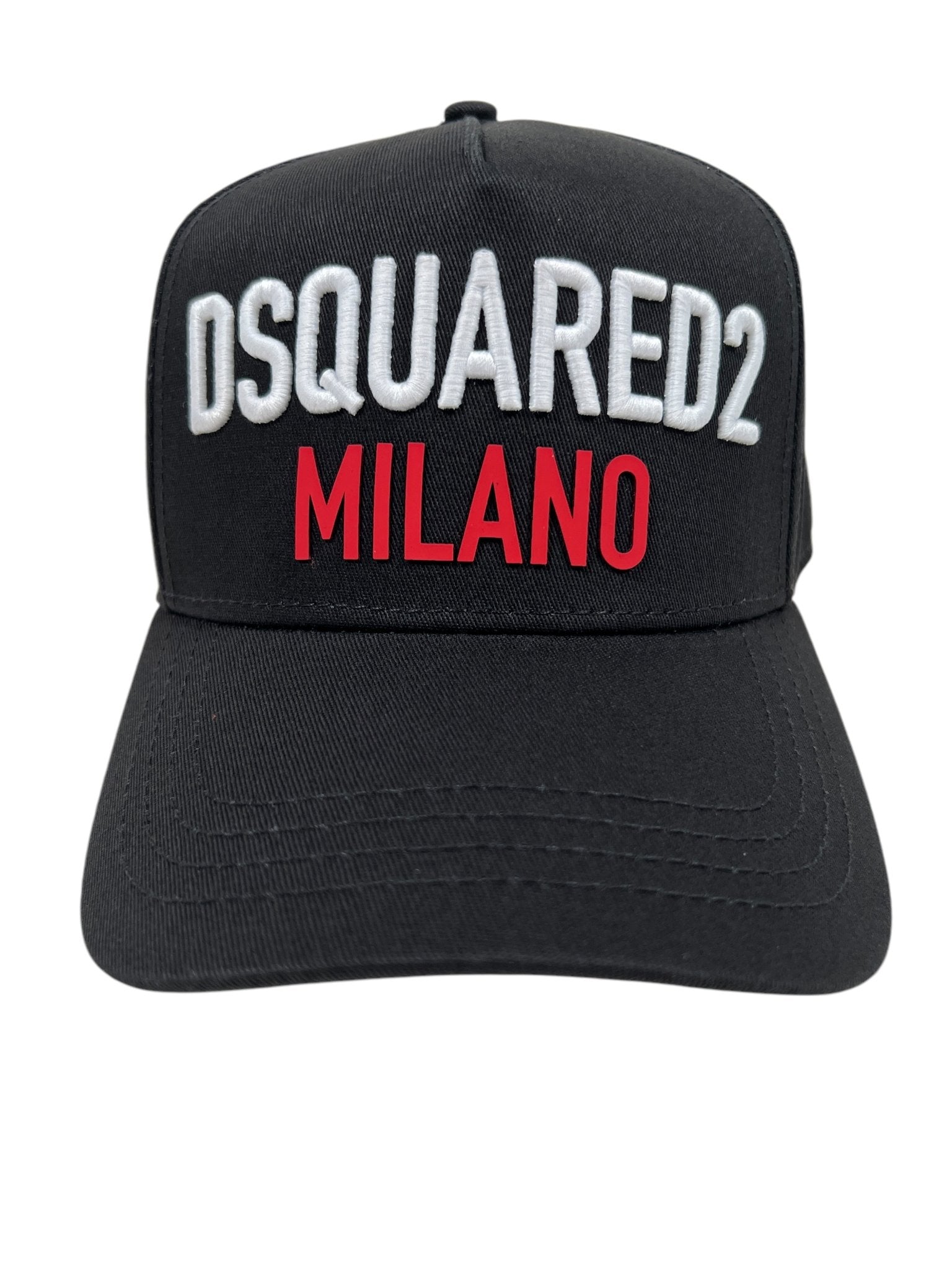 The Dsquared2 BCM0917 Baseball Cap Gabardine-Nero, by brand DSQUARED2, is made from premium cotton and features white and red embroidered Milano lettering with an adjustable fit.