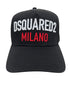 The Dsquared2 BCM0917 Baseball Cap Gabardine-Nero, by brand DSQUARED2, is made from premium cotton and features white and red embroidered Milano lettering with an adjustable fit.