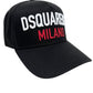 The Dsquared2 BCM0917 Baseball Cap Gabardine-Nero features "DSQUARED2" in white and "MILANO" in red on premium black cotton. This DSQUARED2 cap offers an adjustable fit for maximum comfort.