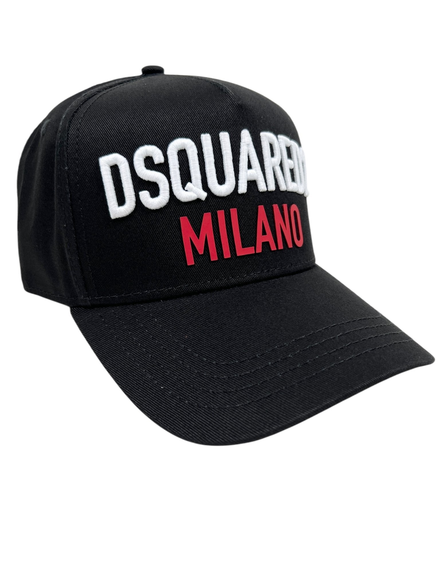 The Dsquared2 BCM0917 Baseball Cap Gabardine-Nero features "DSQUARED2" in white and "MILANO" in red on premium black cotton. This DSQUARED2 cap offers an adjustable fit for maximum comfort.