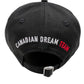 The DSQUARED2 BCM0917 Baseball Cap in Gabardine-Nero features "CANADIAN DREAM TEAM" embroidery on the back. Made from premium cotton, it offers a comfortable feel and adjustable fit for style and versatility.
