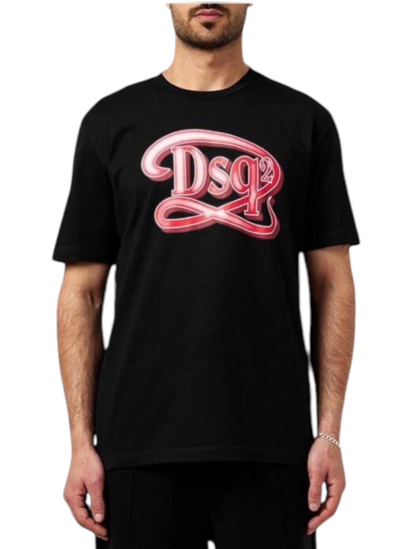 A person is wearing a fashionable option for men: the DSQUARED2 S71Gd1387 Regular Fit Tee in black, featuring a prominent pink "Dsq2" logo on the front, made from 100% cotton.