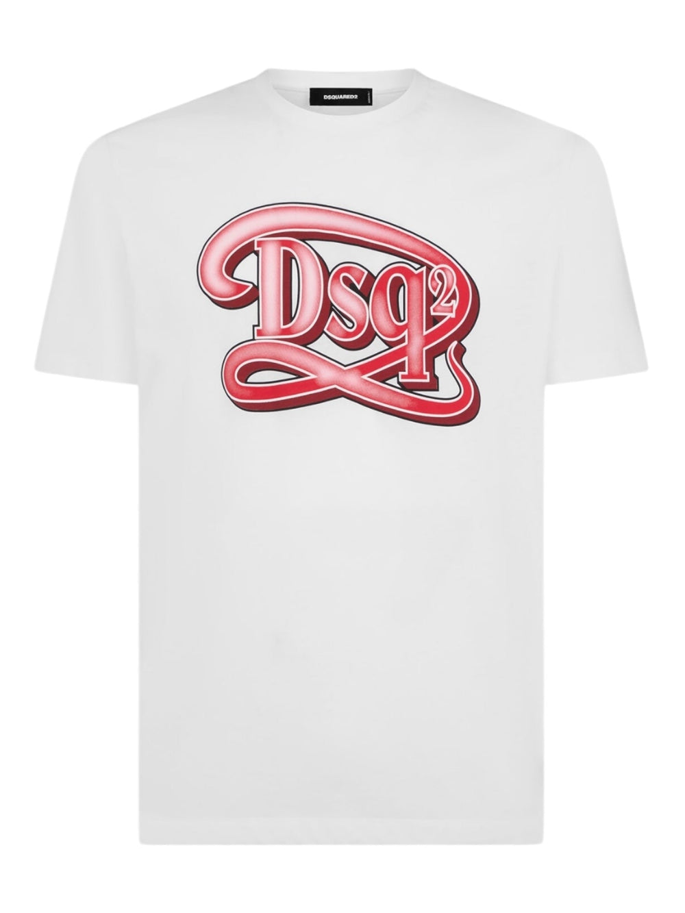 The Dsquared2 S71Gd1387 Regular Fit Tee Wht is a white T-shirt adorned with a red "Dsquared2" logo design on the front, crafted from 100% cotton for maximum comfort.