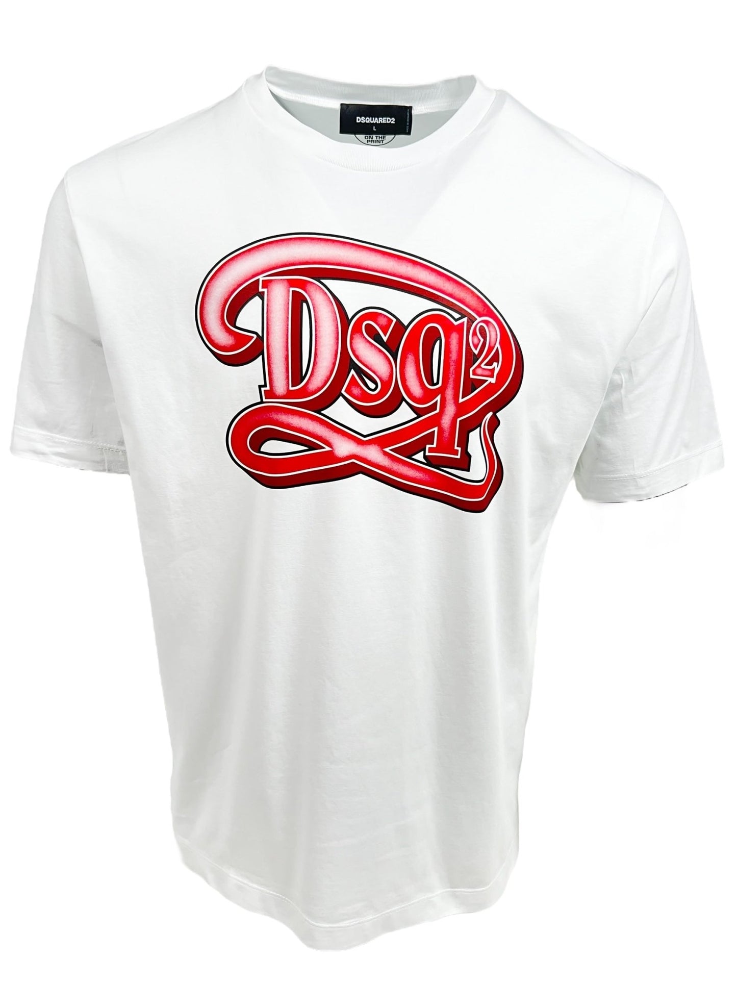 White DSQUARED2 S71GD1387 Regular Fit Tee featuring a prominent red and white logo reading "dsq2" in a swirling, stylized font, displayed on a plain background.