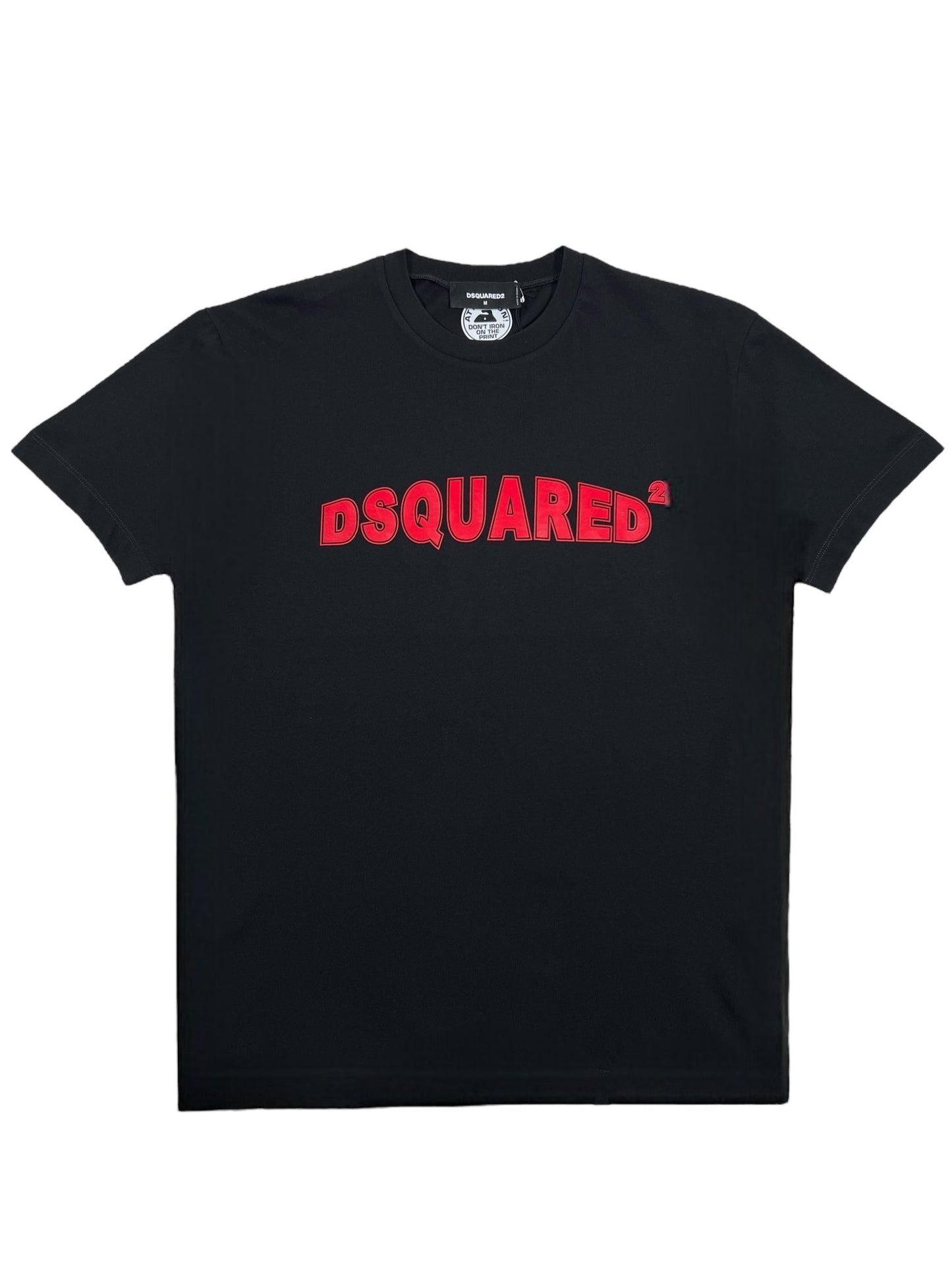 The DSQUARED2 S71GD1452 Cool Fit Tee Black is a stylish 100% cotton T-shirt featuring a striking red "DSQUARED²" logo text across the chest and a subtle brand label at the neckline, perfect for men's fashion.