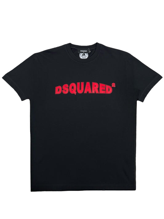 The DSQUARED2 S71GD1452 Cool Fit Tee Black is a stylish 100% cotton T-shirt featuring a striking red "DSQUARED²" logo text across the chest and a subtle brand label at the neckline, perfect for men's fashion.