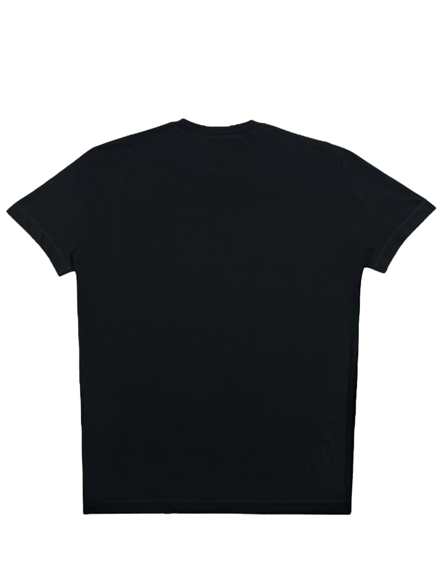 Image of a plain black DSQUARED2 S71GD1452 Cool Fit Tee laid flat on a white background. The t-shirt is seen from the back, showcasing its simple design and 100% cotton fabric, epitomizing men's stylish clothing.