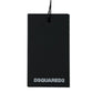 Black retail hang tag with a string, showcasing the brand name "DSQUARED2" in white text at the bottom. Perfect for men's stylish clothing, this tag complements items like the DSQUARED2 S71GD1452 COOL FIT TEE BLACK, known for its 100% cotton comfort.
