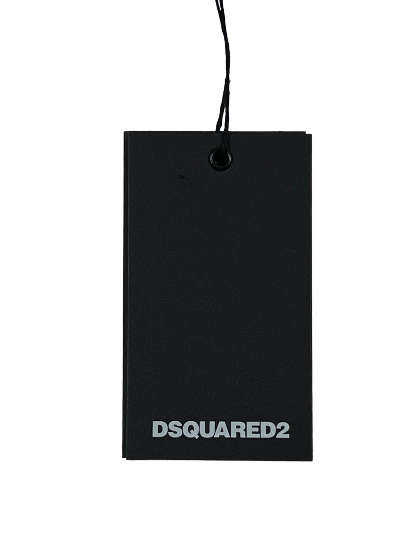 Black retail hang tag with a string, showcasing the brand name "DSQUARED2" in white text at the bottom. Perfect for men's stylish clothing, this tag complements items like the DSQUARED2 S71GD1452 COOL FIT TEE BLACK, known for its 100% cotton comfort.