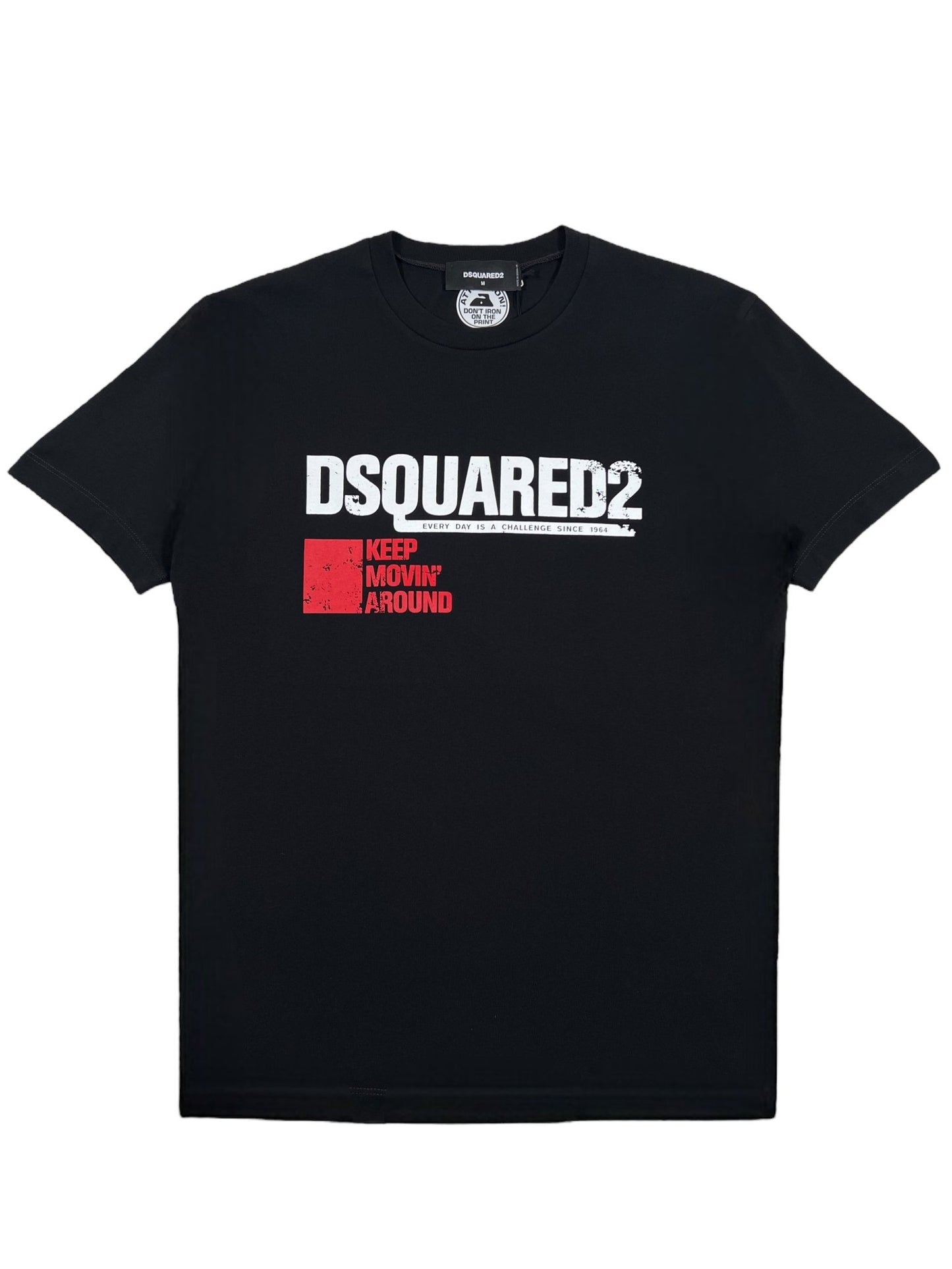 The DSQUARED2 S71GD1462 Cool Fit Tee in black features "Dsquared2" in white text and "Keep Movin' Around" in red text on the front. Made from 100% cotton, it offers a stylish look for men.