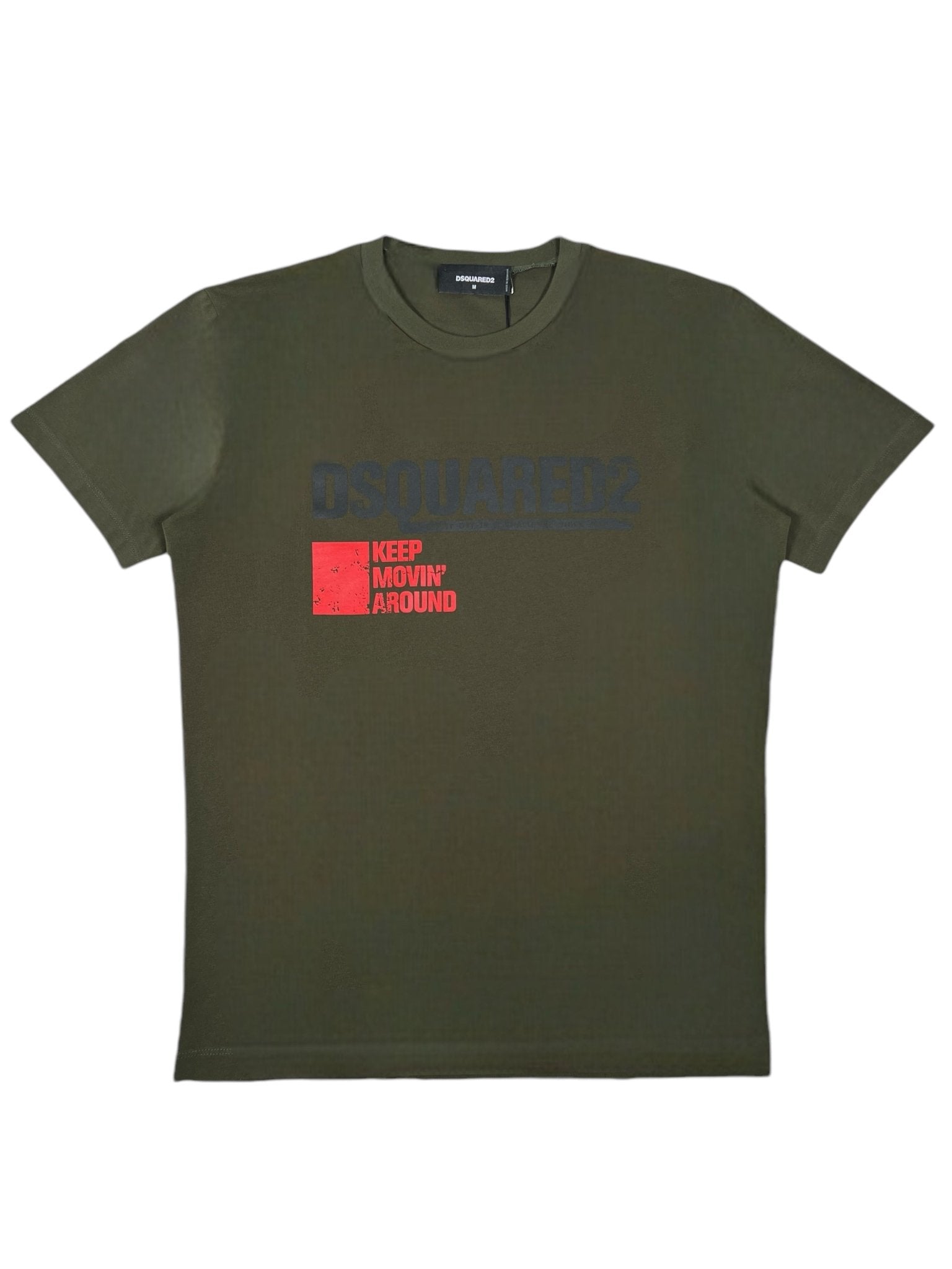 The Dsquared2 S71Gd1462 Cool Fit Tee Green by DSQUARED2 features "DSQUARED2" in black and "KEEP MOVIN' AROUND" in bright red on the front.