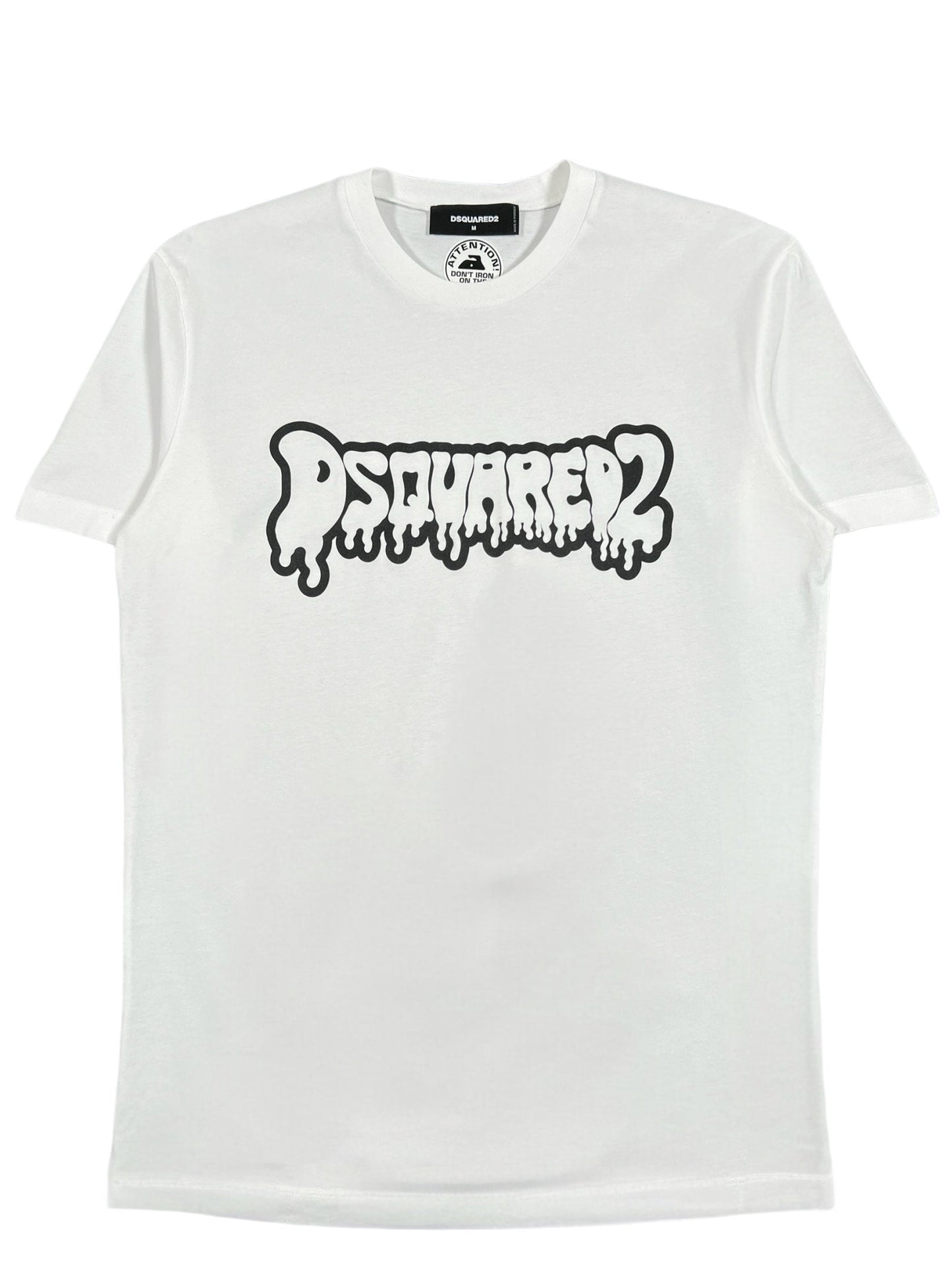 Stylish choice: The DSQUARED2 S74GD1221 Cool Fit Tee White, made from 100% cotton, showcases a bold black melting text design of "DSQUARED2" on the front.