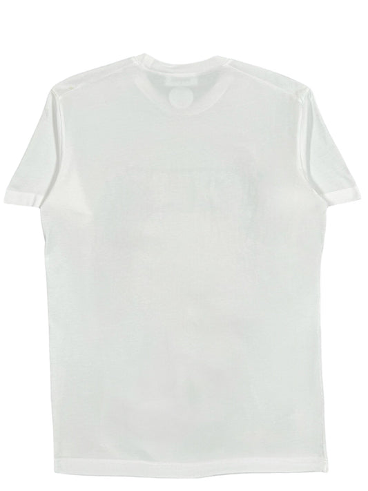 A DSQUARED2 S74GD1221 Cool Fit Tee in white, crafted from 100% cotton, is displayed flat against a white background, highlighting the chic back design.