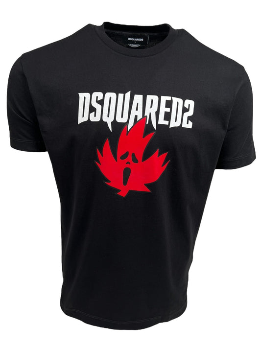 DSQUARED2 S74GD1307 COOL FIT TEE BLACK with "Dsquared2 Cool Fit" logo and a red leaf design centered on the chest, displayed on a plain background.